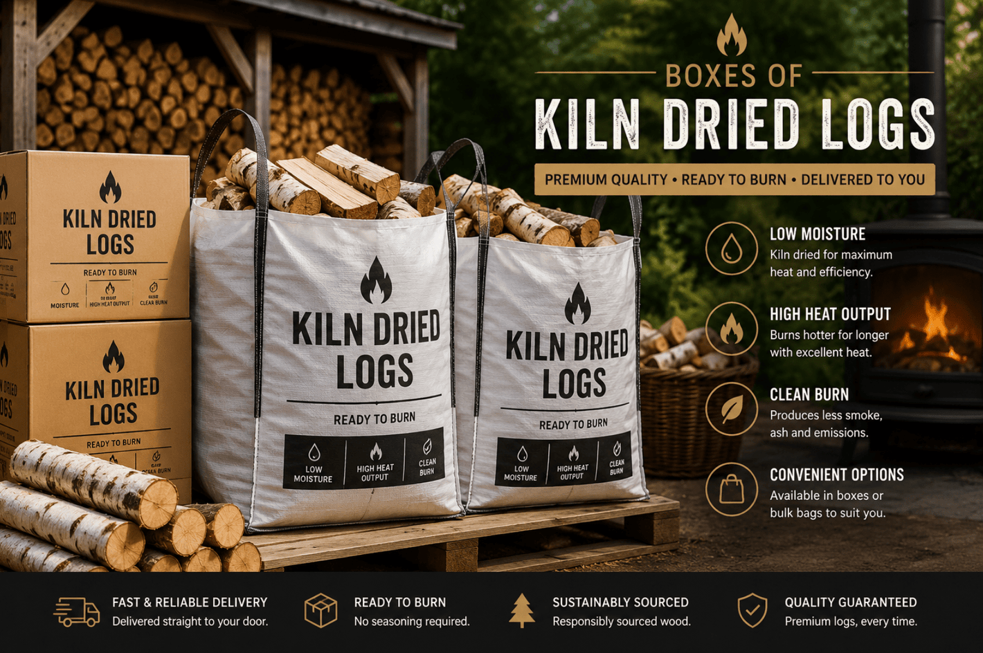 Boxes of Kiln Dried Logs - Ready Set Supplied