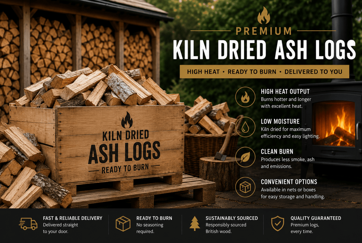 Kiln Dried Ash Logs - Ready Set Supplied