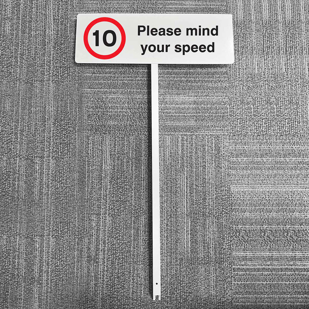10mph Please Mind Your Speed Aluminium Verge Sign 450 x 150mm On Post 800mm High - Ready Set Supplied10mph Please Mind Your Speed Aluminium Verge Sign 450 x 150mm On Post 800mm High56583