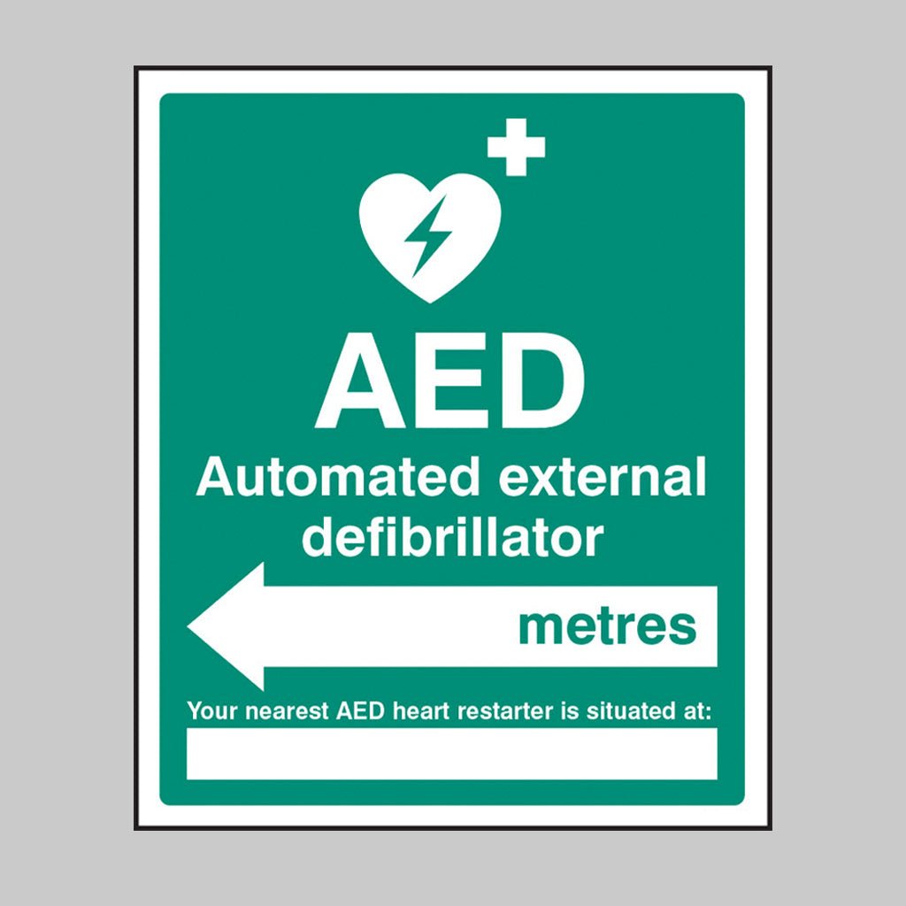 AED Located In Xxx Metres - Arrow Left Sign - Ready Set SuppliedAED Located In Xxx Metres - Arrow Left SignRigid Plastic15995H