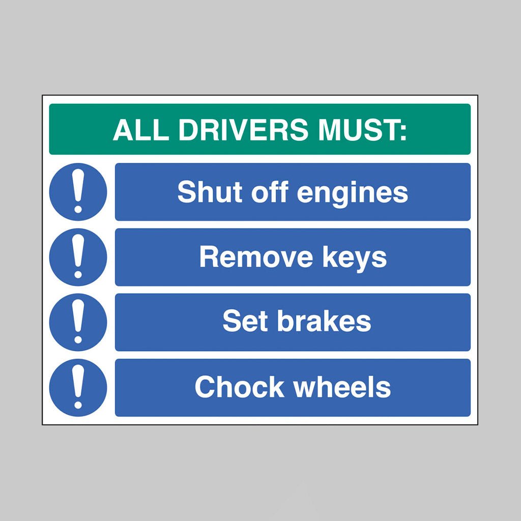 All Drivers Must: Shut Off Engine, Remove Keys, Set Brakes, Chock Wheels Sign - Ready Set SuppliedAll Drivers Must: Shut Off Engine, Remove Keys, Set Brakes, Chock Wheels SignRigid Plastic17189K