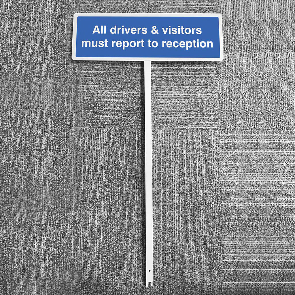 All Drivers & Visitors Must Report To Reception Aluminium Verge Sign 450 x 150mm On Post 800mm High - Ready Set SuppliedAll Drivers & Visitors Must Report To Reception Aluminium Verge Sign 450 x 150mm On Post 800mm High56580