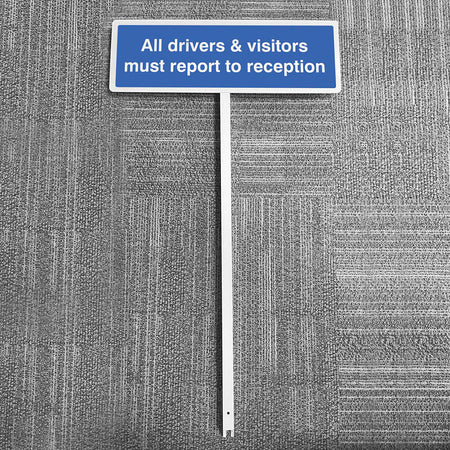 All Drivers & Visitors Must Report To Reception Aluminium Verge Sign 450 x 150mm On Post 800mm High - Ready Set SuppliedAll Drivers & Visitors Must Report To Reception Aluminium Verge Sign 450 x 150mm On Post 800mm High56580