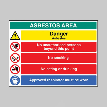 Asbestos Area Danger Asbestos No Unauthorised Persons Beyond This Point No Smoking No Eating Or Drinking Approved Respirator Must Be Worn Sign - Ready Set SuppliedAsbestos Area Danger Asbestos No Unauthorised Persons Beyond This Point No Smoking No Eating Or Drinking Approved Respirator Must Be Worn SignRigid Plastic17191Q