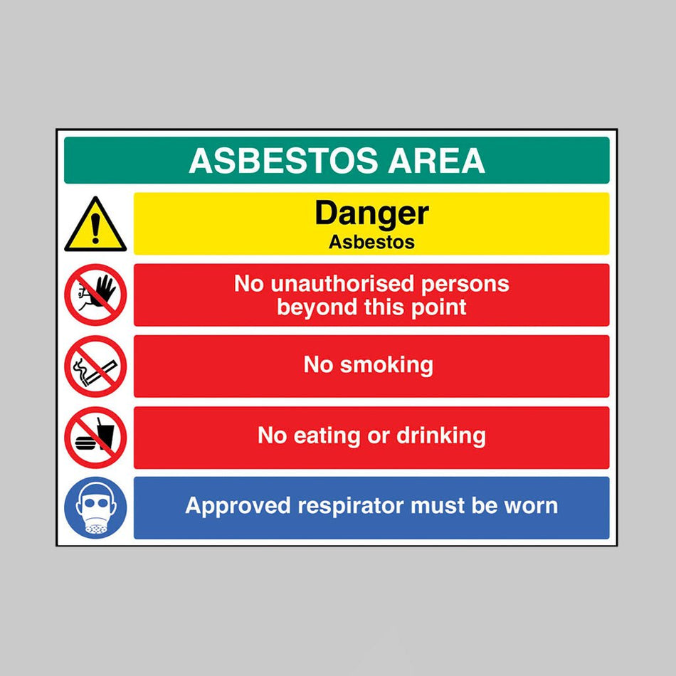 Asbestos Area Danger Asbestos No Unauthorised Persons Beyond This Point No Smoking No Eating Or Drinking Approved Respirator Must Be Worn Sign - Ready Set SuppliedAsbestos Area Danger Asbestos No Unauthorised Persons Beyond This Point No Smoking No Eating Or Drinking Approved Respirator Must Be Worn SignRigid Plastic17191Q