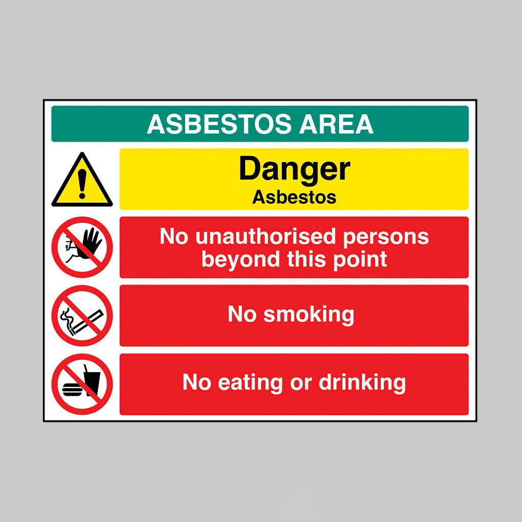 Asbestos Area Danger Asbestos No Unauthorised Persons Beyond This Point No Smoking No Eating Or Drinking Sign - Ready Set SuppliedAsbestos Area Danger Asbestos No Unauthorised Persons Beyond This Point No Smoking No Eating Or Drinking SignRigid Plastic17190Q