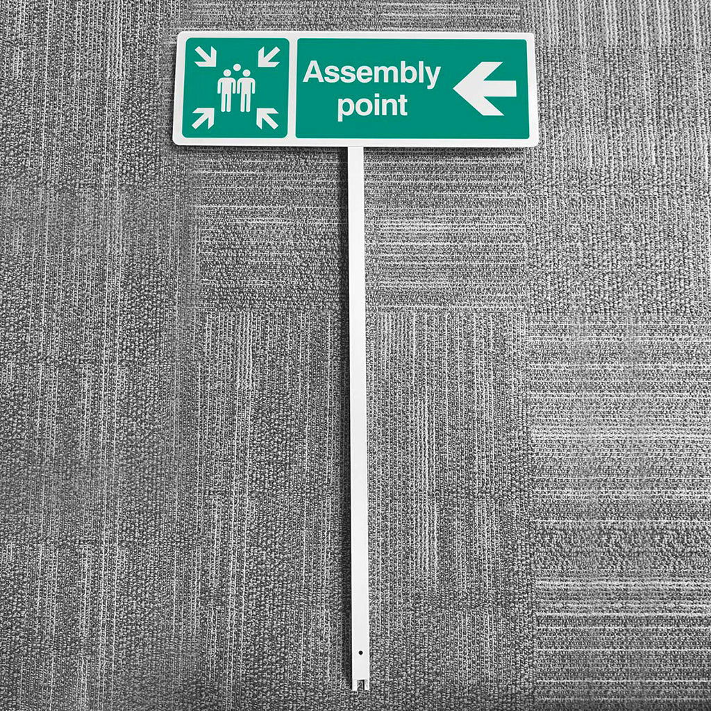 Assembly Point Left Aluminium Verge Sign 450 x 150mm On Post 800mm High - Ready Set SuppliedAssembly Point Left Aluminium Verge Sign 450 x 150mm On Post 800mm High56540