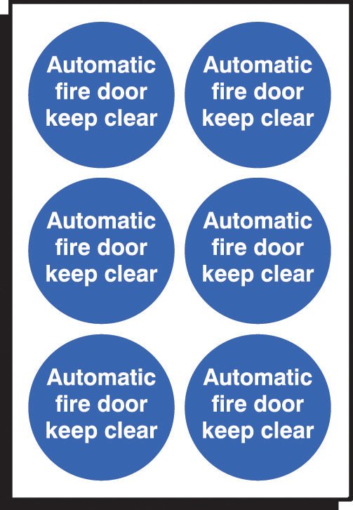 Auto Fire Door Keep Clear 65mm Dia - Sheet of 6 Peel N Stick Labels - Ready Set SuppliedAuto Fire Door Keep Clear 65mm Dia - Sheet of 6 Peel N Stick Labels51681