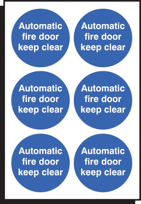 Auto Fire Door Keep Clear 65mm Dia - Sheet of 6 Peel N Stick Labels - Ready Set SuppliedAuto Fire Door Keep Clear 65mm Dia - Sheet of 6 Peel N Stick Labels51681