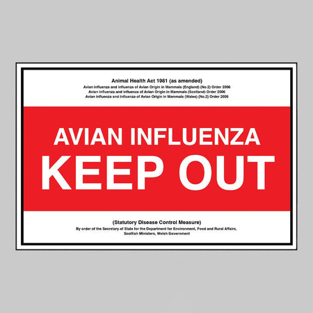 Avian Influenza Keep Out Statutory Disease Control Measures (600 x 400mm Fluted Polypropylene 4mm) Sign - Ready Set SuppliedAvian Influenza Keep Out Statutory Disease Control Measures (600 x 400mm Fluted Polypropylene 4mm) Sign51777