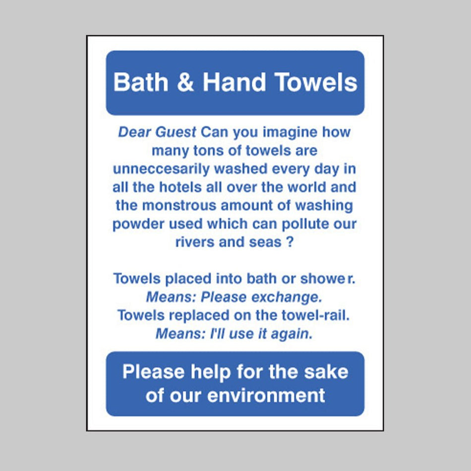 Bath & Hand Towels Guest Information Sign - Ready Set SuppliedBath & Hand Towels Guest Information Sign27626A