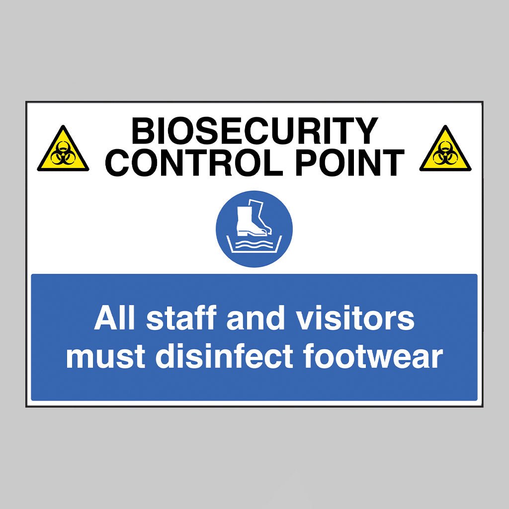 Biosecurity Control Point All Staff And Visitors Must Disinfect Footwear Sign - Ready Set SuppliedBiosecurity Control Point All Staff And Visitors Must Disinfect Footwear SignRigid Plastic11785Q