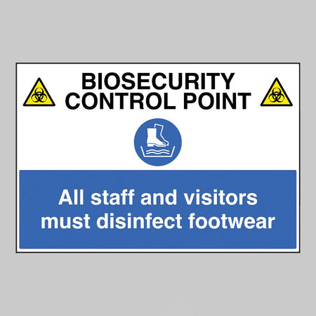 Biosecurity Control Point All Staff And Visitors Must Disinfect Footwear Sign - Ready Set SuppliedBiosecurity Control Point All Staff And Visitors Must Disinfect Footwear SignRigid Plastic11785Q