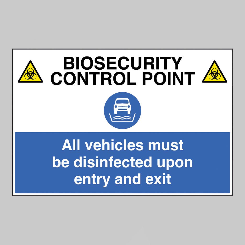 Biosecurity Control Point All Vehicles Must Be Disinfected Upon Entry And Exit Sign - Ready Set SuppliedBiosecurity Control Point All Vehicles Must Be Disinfected Upon Entry And Exit SignRigid Plastic11784Q