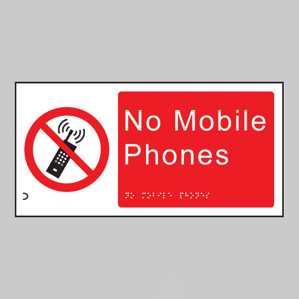 Braille - No Mobile Phones 300 x 150mm Sign - Ready Set SuppliedBraille - No Mobile Phones 300 x 150mm Sign56170