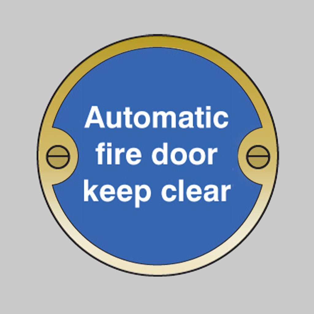 Brass Automatic Fire Door Keep Clear Disc Sign - Ready Set SuppliedBrass Automatic Fire Door Keep Clear Disc Sign59124