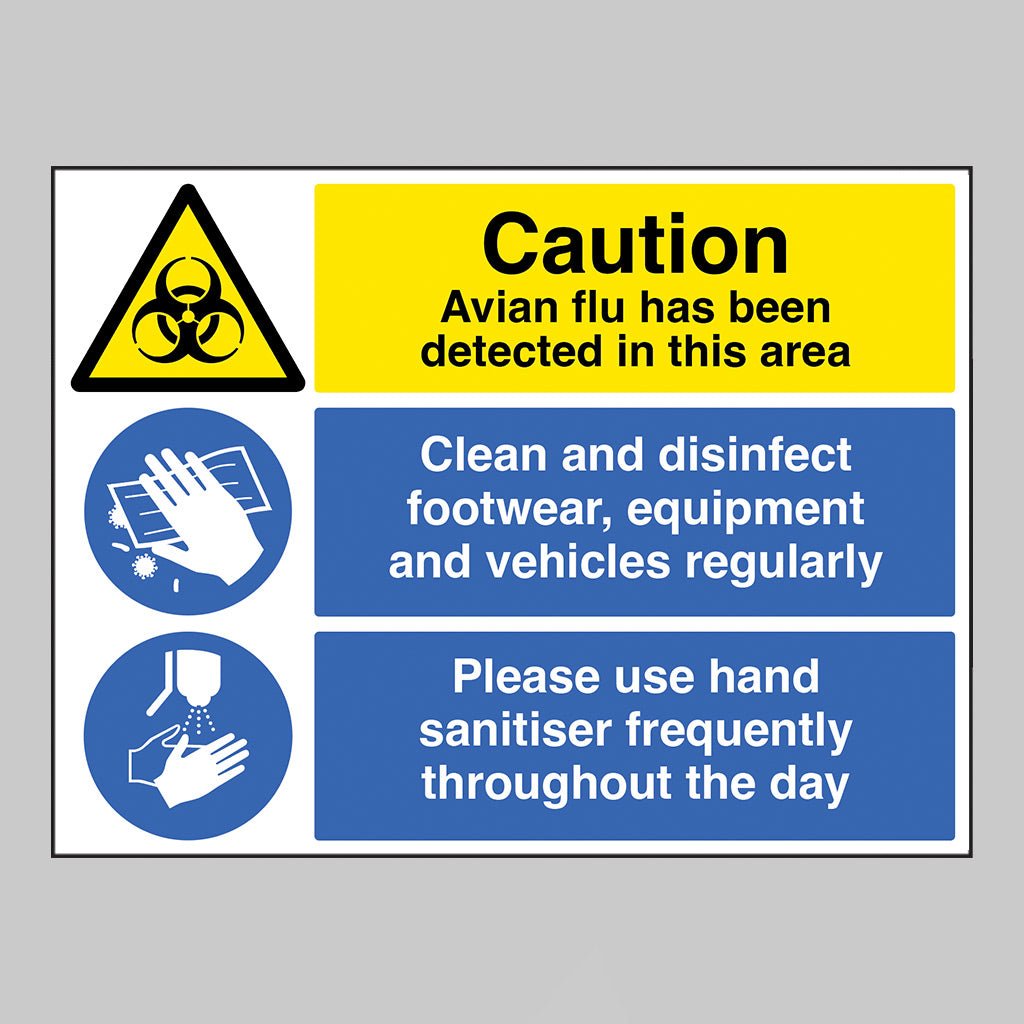 Caution Avian Flu Has Been Detected In This Area Multi-Message Clean And Disinfect, Use Hand Sanitiser Sign - Ready Set SuppliedCaution Avian Flu Has Been Detected In This Area Multi-Message Clean And Disinfect, Use Hand Sanitiser SignRigid Plastic11783Q