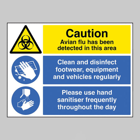 Caution Avian Flu Has Been Detected In This Area Multi-Message Clean And Disinfect, Use Hand Sanitiser Sign - Ready Set SuppliedCaution Avian Flu Has Been Detected In This Area Multi-Message Clean And Disinfect, Use Hand Sanitiser SignRigid Plastic11783Q