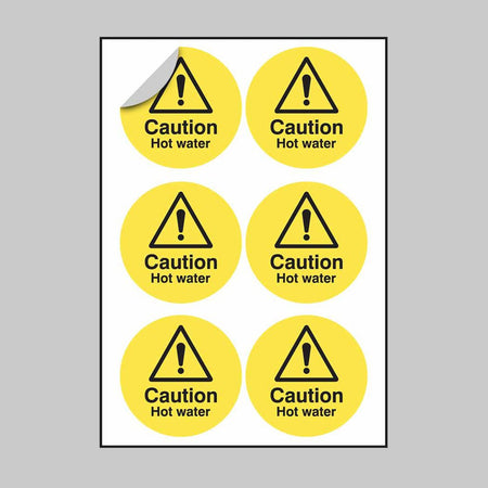 Caution Hot Water 65mm Dia - Sheet of 6 Peel 'N' Stick Labels - Ready Set SuppliedCaution Hot Water 65mm Dia - Sheet of 6 Peel 'N' Stick Labels56098