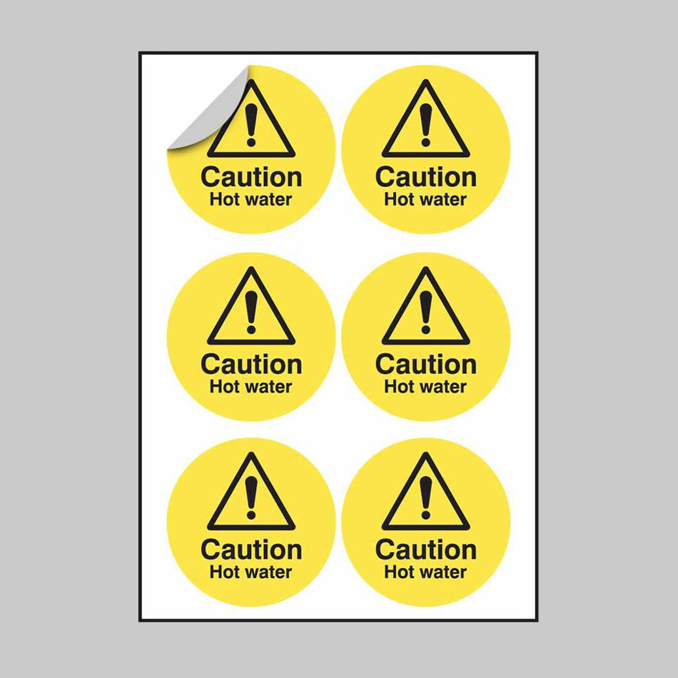 Caution Hot Water 65mm Dia - Sheet of 6 Peel 'N' Stick Labels - Ready Set SuppliedCaution Hot Water 65mm Dia - Sheet of 6 Peel 'N' Stick Labels56098