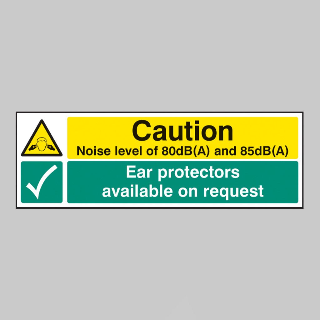 Caution Noise Level Of 80Db(A) & 85Db(A) Ear Protectors Available On Request Sign - Ready Set SuppliedCaution Noise Level Of 80Db(A) & 85Db(A) Ear Protectors Available On Request SignRigid Plastic15223G