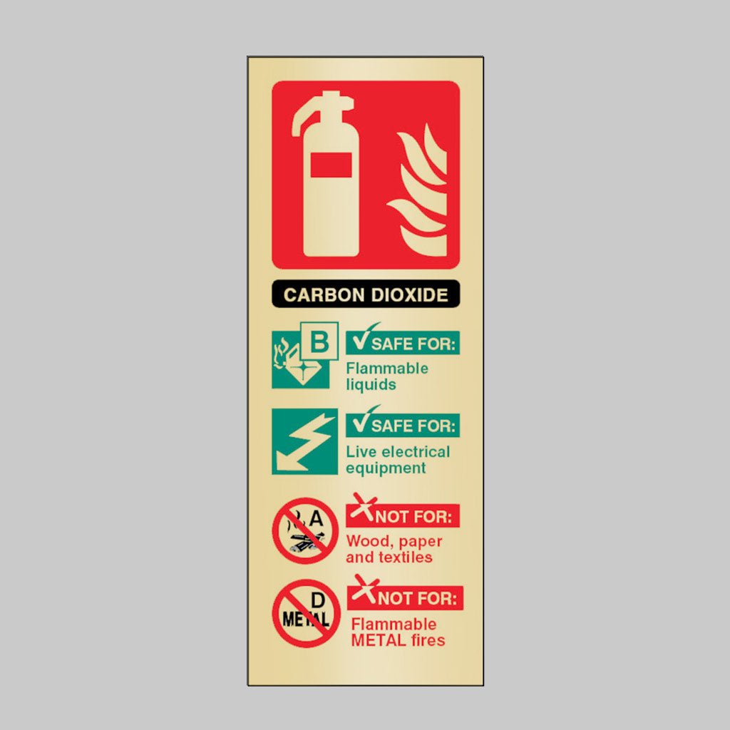 CO2 Extinguisher Identification Brass 75 x 200mm Adhesive Backed Sign - Ready Set SuppliedCO2 Extinguisher Identification Brass 75 x 200mm Adhesive Backed Sign59180