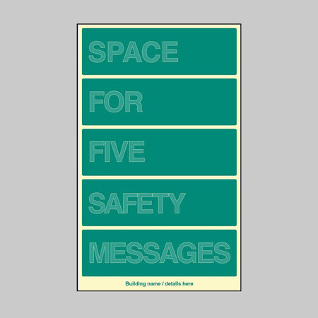 Custom Multi-Message Wayfinding Sign: Five Messages 450 x 740mm Photoluminescent Rigid - Ready Set SuppliedCustom Multi-Message Wayfinding Sign: Five Messages 450 x 740mm Photoluminescent Rigid52213
