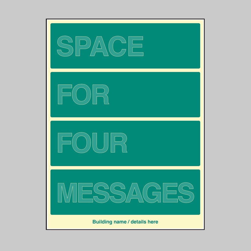 Custom Multi-Message Wayfinding Sign: Four Messages 450 x 600mm Photoluminescent Rigid - Ready Set SuppliedCustom Multi-Message Wayfinding Sign: Four Messages 450 x 600mm Photoluminescent Rigid52211