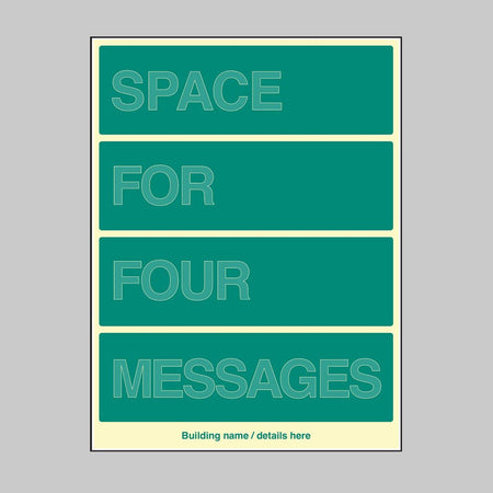 Custom Multi-Message Wayfinding Sign: Four Messages 450 x 600mm Photoluminescent Rigid - Ready Set SuppliedCustom Multi-Message Wayfinding Sign: Four Messages 450 x 600mm Photoluminescent Rigid52211