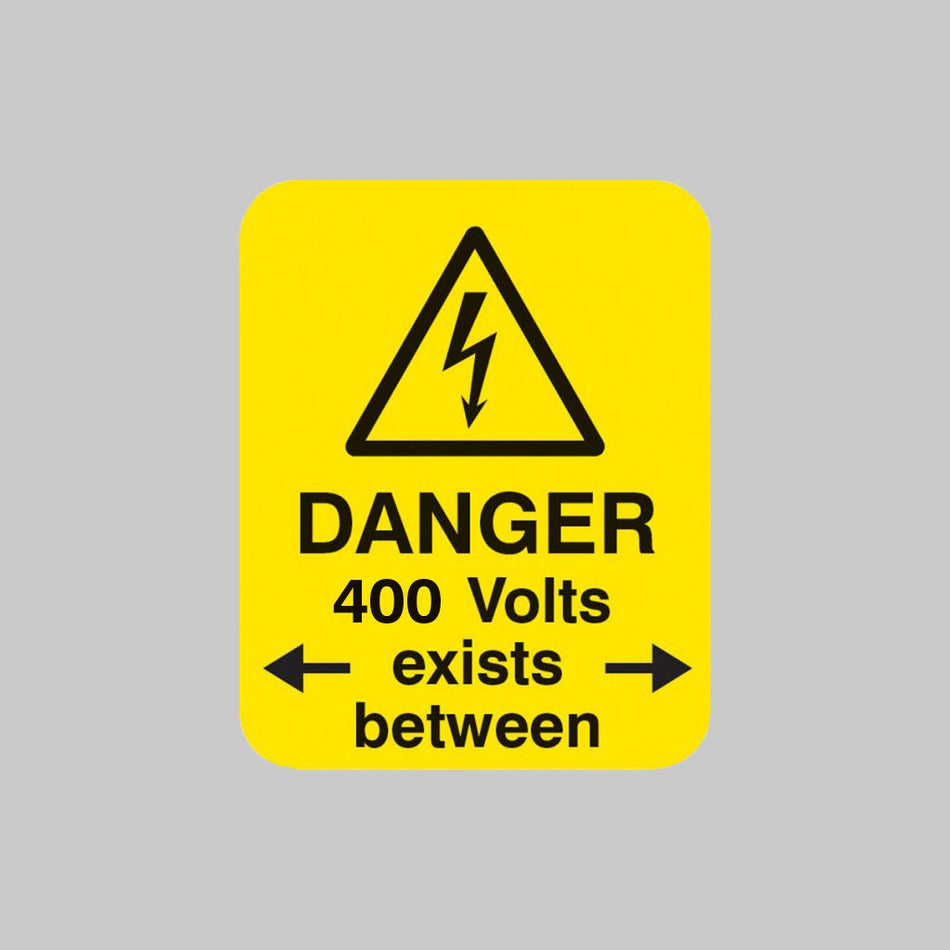Danger 400 Volts <-Exists Between-> Sheet of 25 Labels 40 x 50mm - Ready Set SuppliedDanger 400 Volts <-Exists Between-> Sheet of 25 Labels 40 x 50mm54051