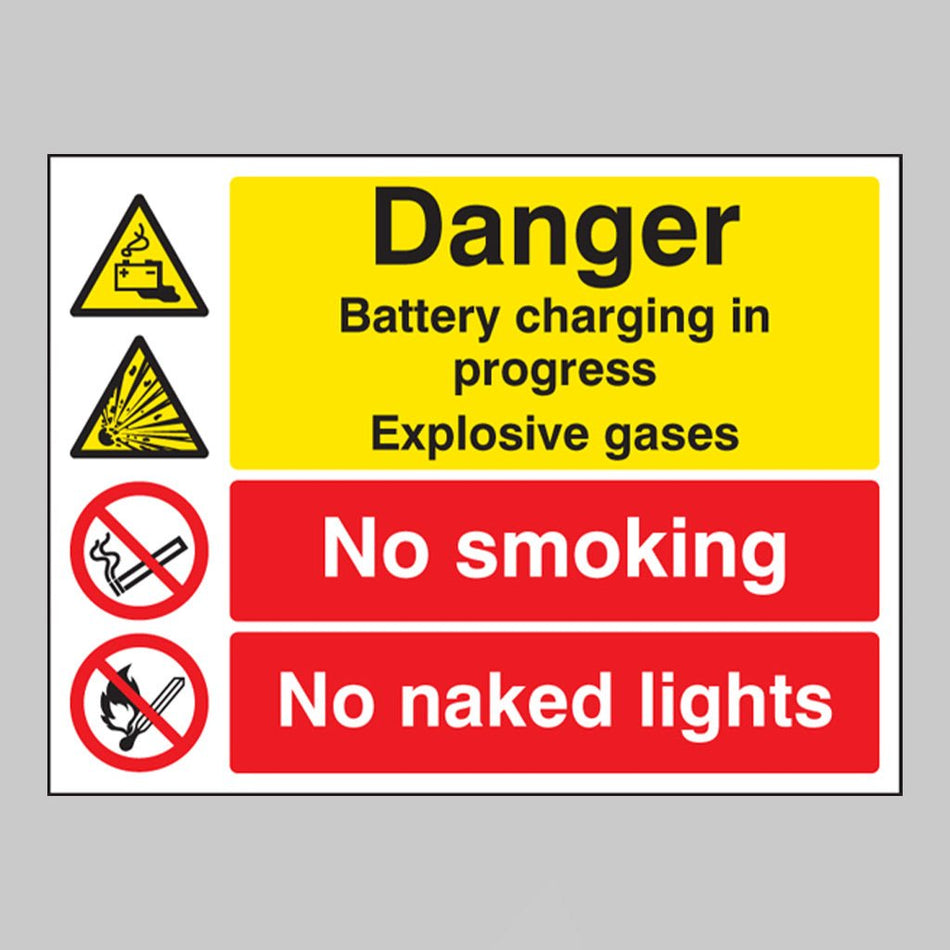 Danger Battery Charging In Progress Explosive Gases No Smoking No Naked Lights Sign - Ready Set SuppliedDanger Battery Charging In Progress Explosive Gases No Smoking No Naked Lights SignRigid Plastic16225K