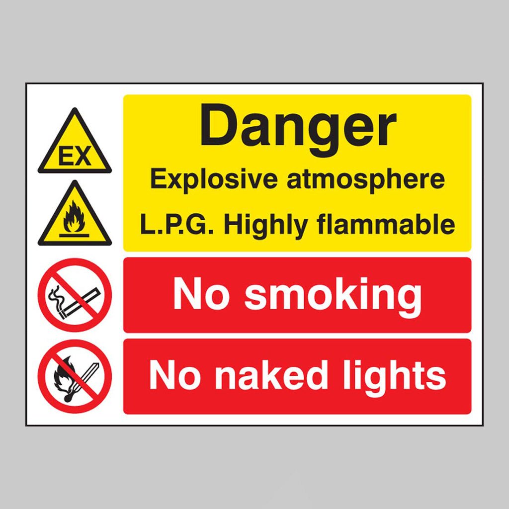 Danger Explosive Atmosphere Lpg Highly Flammable No Smoking No Naked Lights Sign - Ready Set SuppliedDanger Explosive Atmosphere Lpg Highly Flammable No Smoking No Naked Lights SignRigid Plastic16234K