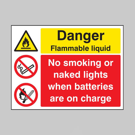 Danger Flammable Liquid No Smoking Or Naked Lights When Batteries On Charge Sign - Ready Set SuppliedDanger Flammable Liquid No Smoking Or Naked Lights When Batteries On Charge SignRigid Plastic16208K