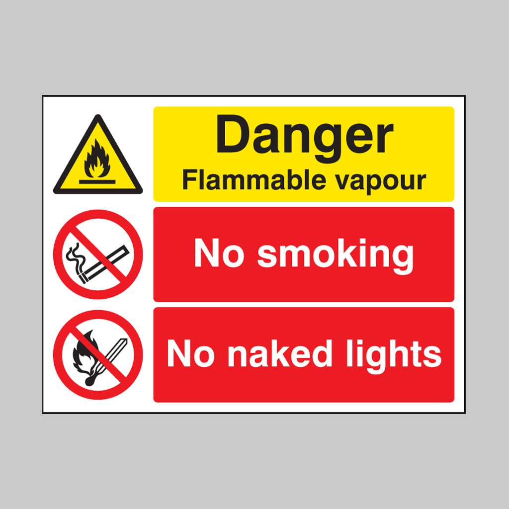 Danger Flammable Vapour No Smoking No Naked Lights Sign - Ready Set SuppliedDanger Flammable Vapour No Smoking No Naked Lights SignRigid Plastic16227K