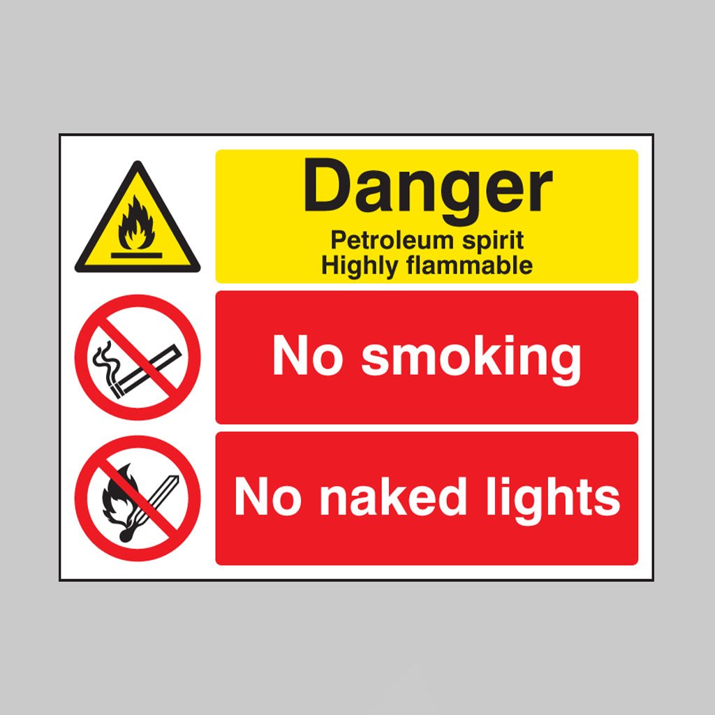 Danger Petroleum Spirit Highly Flammable No Smoking No Naked Lights Sign - Ready Set SuppliedDanger Petroleum Spirit Highly Flammable No Smoking No Naked Lights SignRigid Plastic16202K