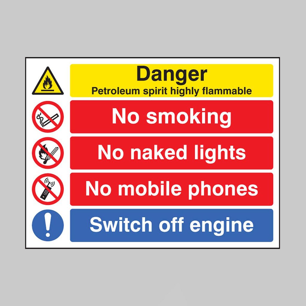 Danger Petroleum Spirit Highly Flammable/No Smoking/Naked Lights/Mobile Phones/Switch Off Engine Sign - Ready Set SuppliedDanger Petroleum Spirit Highly Flammable/No Smoking/Naked Lights/Mobile Phones/Switch Off Engine SignRigid Plastic16228K