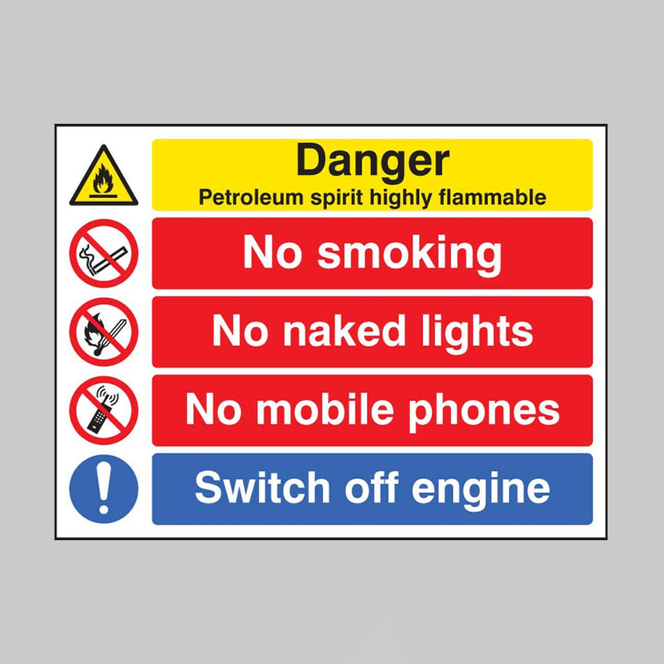 Danger Petroleum Spirit Highly Flammable/No Smoking/Naked Lights/Mobile Phones/Switch Off Engine Sign - Ready Set SuppliedDanger Petroleum Spirit Highly Flammable/No Smoking/Naked Lights/Mobile Phones/Switch Off Engine SignRigid Plastic16228K