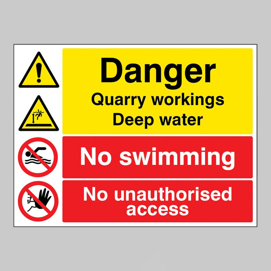 Danger Quarry Workings, Deep Water, No Swimming, Keep Out Sign - Ready Set SuppliedDanger Quarry Workings, Deep Water, No Swimming, Keep Out Sign14314Q