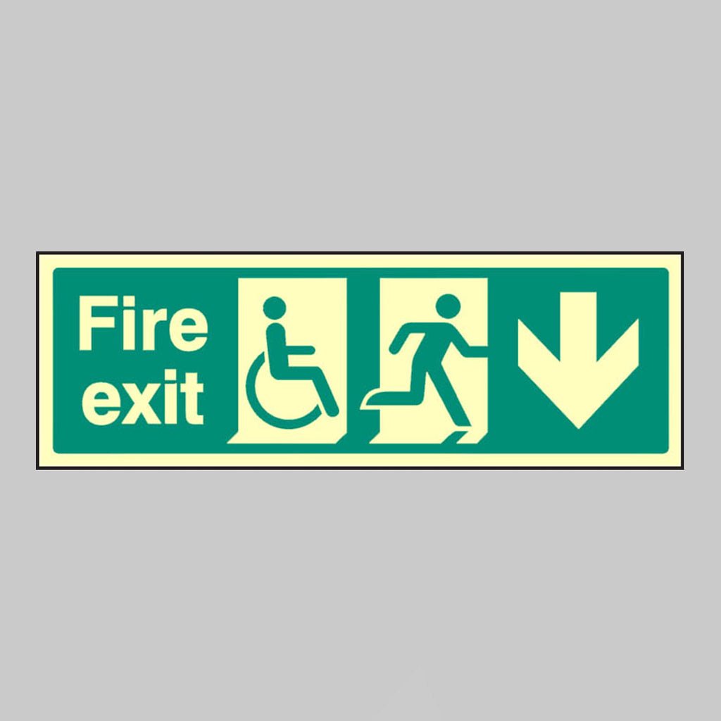 Disabled Fire Exit Arrow Down Sign - Ready Set SuppliedDisabled Fire Exit Arrow Down SignUltra Bright (Class C) Photoluminescent Rigid31227G