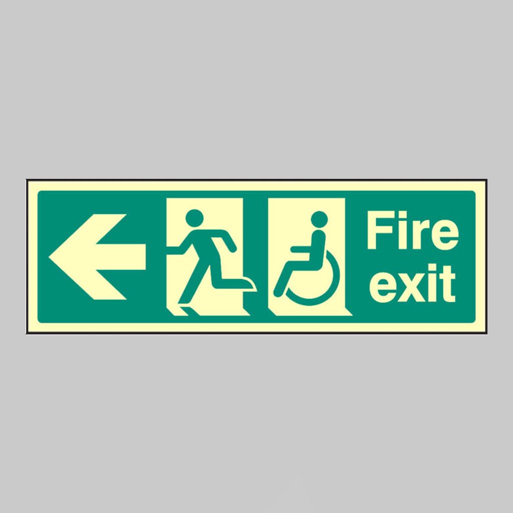 Disabled Fire Exit Arrow Left Sign - Ready Set SuppliedDisabled Fire Exit Arrow Left SignUltra Bright (Class C) Photoluminescent Rigid32087G