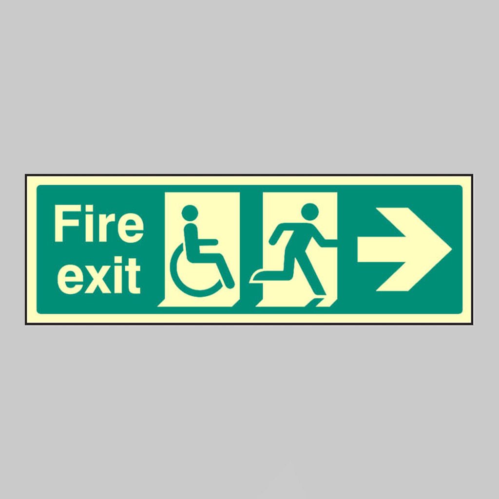 Disabled Fire Exit Arrow Right Sign - Ready Set SuppliedDisabled Fire Exit Arrow Right SignUltra Bright (Class C) Photoluminescent Rigid32089G