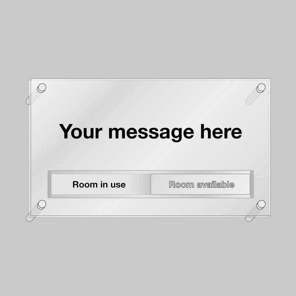 Door Slider (Room In Use/Room Available) With Custom Room Message (Specify Text When Ordering) 350 x 200mm Frosted Acrylic With Stand-Offs Sign - Ready Set SuppliedDoor Slider (Room In Use/Room Available) With Custom Room Message (Specify Text When Ordering) 350 x 200mm Frosted Acrylic With Stand-Offs Sign58939