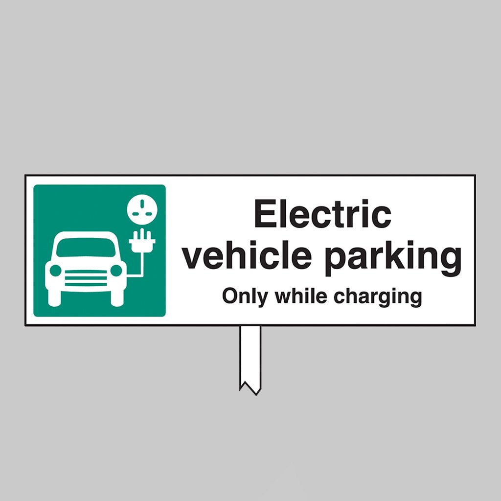 Electric Vehicle Parking Only While Charging Aluminium Verge Sign 450 x 150mm On Post 800mm High - Ready Set SuppliedElectric Vehicle Parking Only While Charging Aluminium Verge Sign 450 x 150mm On Post 800mm High53717