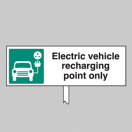 Electric Vehicle Recharging Point Only Aluminium Verge Sign 450 x 150mm On Post 800mm High - Ready Set SuppliedElectric Vehicle Recharging Point Only Aluminium Verge Sign 450 x 150mm On Post 800mm High53718