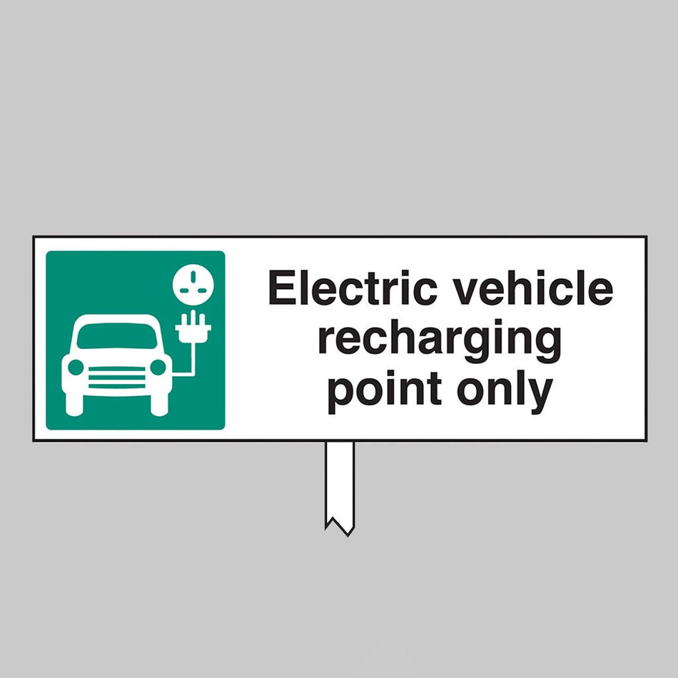 Electric Vehicle Recharging Point Only Aluminium Verge Sign 450 x 150mm On Post 800mm High - Ready Set SuppliedElectric Vehicle Recharging Point Only Aluminium Verge Sign 450 x 150mm On Post 800mm High53718