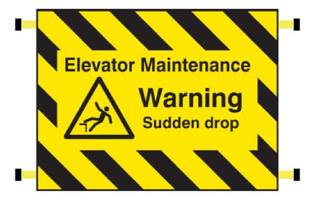 Elevator Maintenance, Warning Sudden Drop Door Screen 600 x 450mm With Spring Loaded Poles 710 To 1010m Sign - Ready Set SuppliedElevator Maintenance, Warning Sudden Drop Door Screen 600 x 450mm With Spring Loaded Poles 710 To 1010m Sign55131