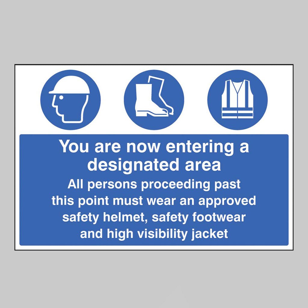 Entering Designated Area Must Wear Helmet, Footwear & Jacket Sign - Ready Set SuppliedEntering Designated Area Must Wear Helmet, Footwear & Jacket SignRigid Plastic16236P
