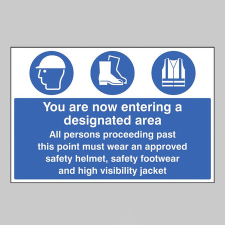 Entering Designated Area Must Wear Helmet, Footwear & Jacket Sign - Ready Set SuppliedEntering Designated Area Must Wear Helmet, Footwear & Jacket SignRigid Plastic16236P
