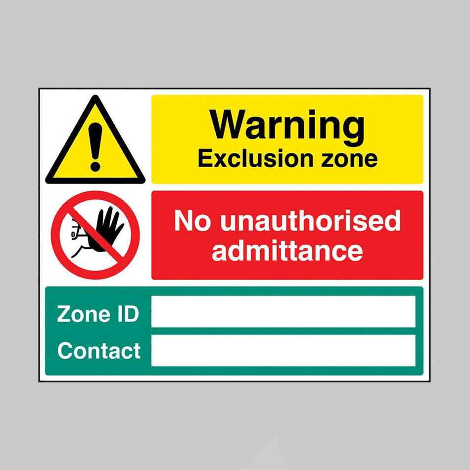 Exclusion Zone: No Unauthorised Admittance, Zone Identification (Banks Space), Contact (Blank Space) Sign - Ready Set SuppliedExclusion Zone: No Unauthorised Admittance, Zone Identification (Banks Space), Contact (Blank Space) SignRigid Plastic17178Q