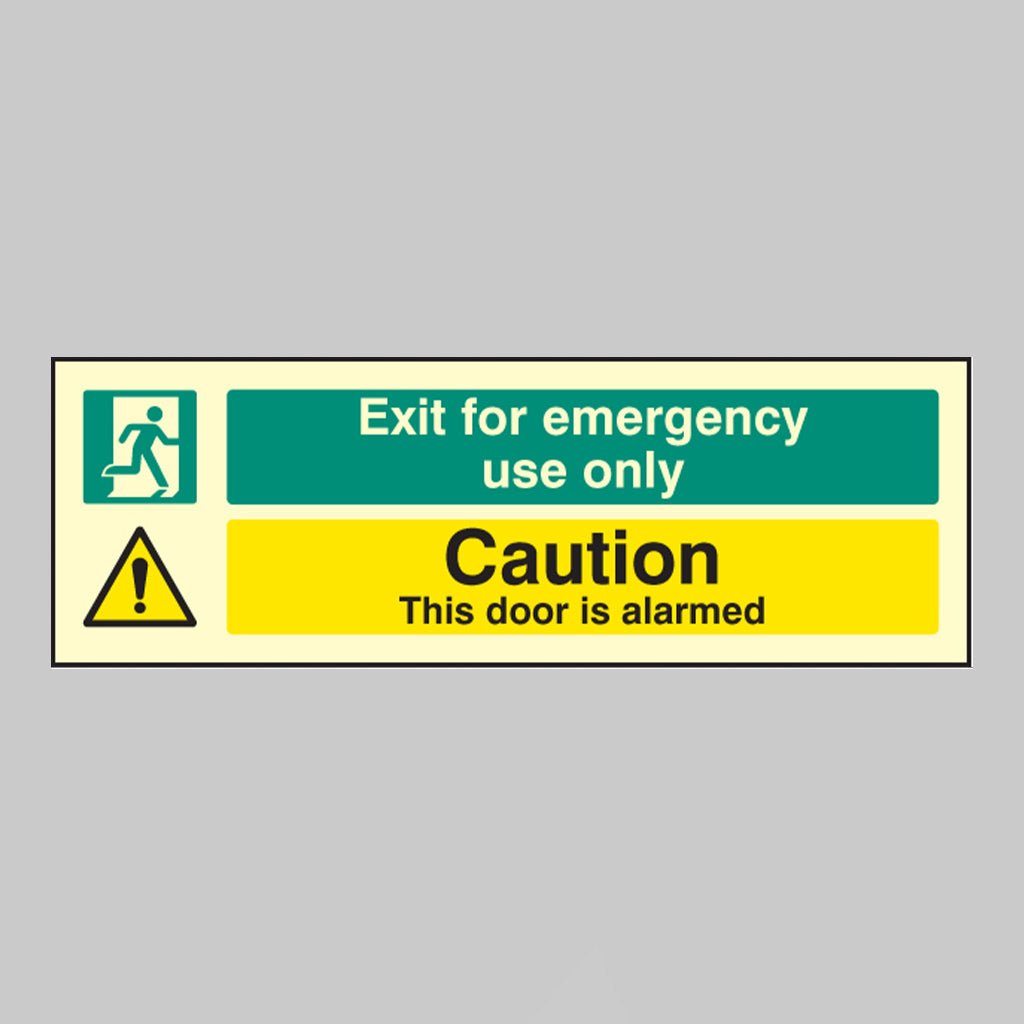 Exit For Emergency Use Only Caution This Door Is Alarmed Sign - Ready Set SuppliedExit For Emergency Use Only Caution This Door Is Alarmed SignUltra Bright (Class C) Photoluminescent Rigid32065G
